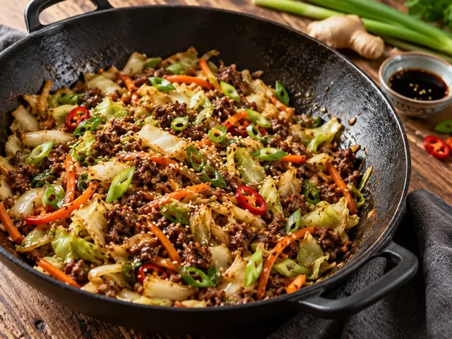 Asiatische Hackfleisch-Kohl-Pfanne mit Weißkohl, Möhren und Sesam