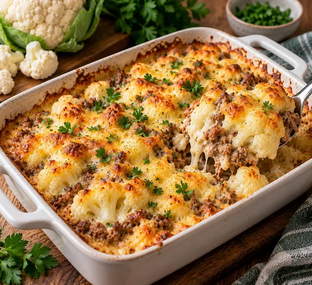 Blumenkohl-Hack-Auflauf mit Hackfleisch und goldbraunem Käse