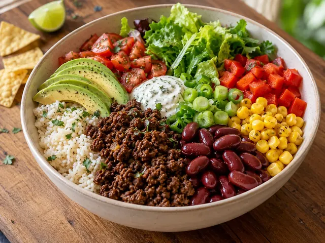 Burrito Bowl mit Hackfleisch, Reis, Bohnen und frischen Toppings