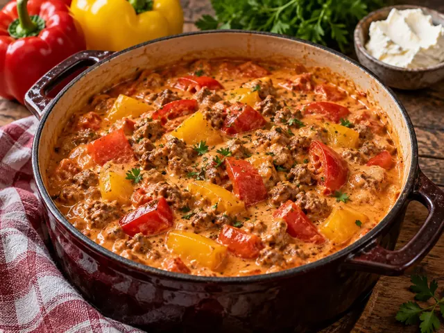 Cremiger Paprika-Hack-Eintopf mit roter und gelber Paprika