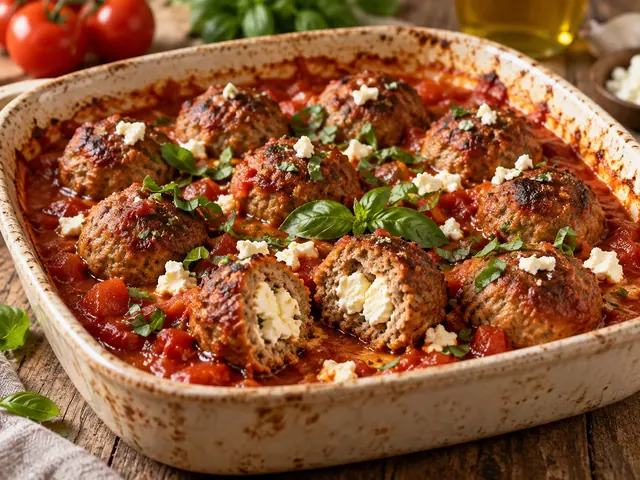 Hackbällchen mit Feta-Füllung in Tomatensauce aus dem Ofen