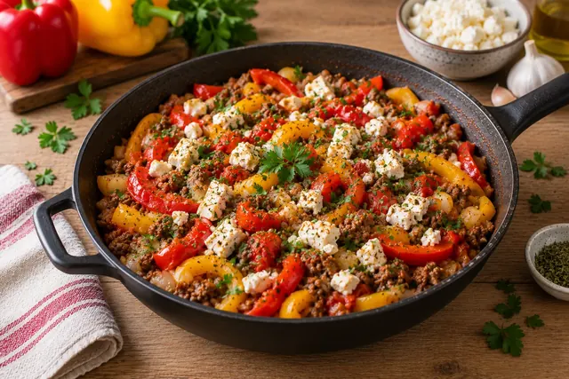 Paprika-Hack-Pfanne mit Feta und gebratenem Hackfleisch