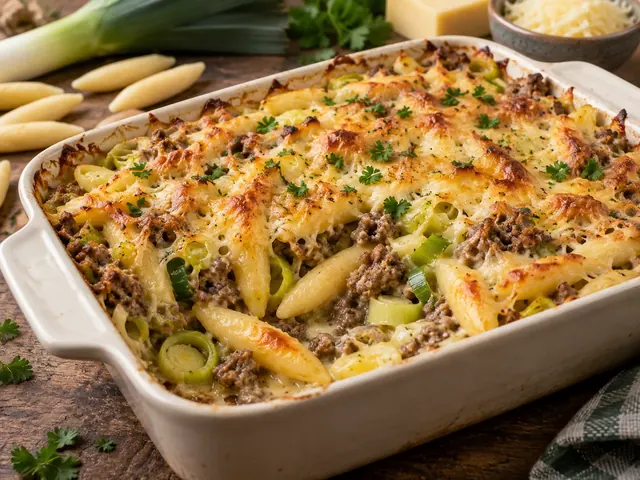 Schupfnudel-Hack-Auflauf mit Lauch, Hackfleisch und Käse