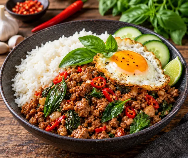 Thai-Hackfleisch mit Basilikum, Chili und Jasminreis