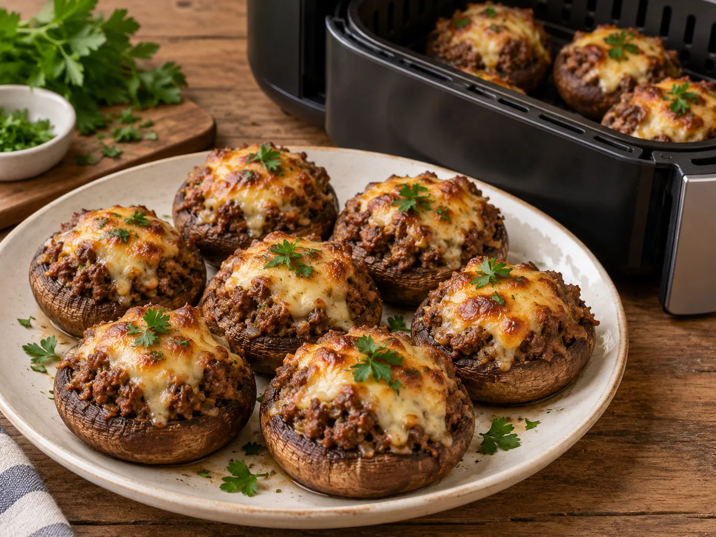 Gefüllte Champignons aus dem Airfryer mit Hackfleisch und Käse