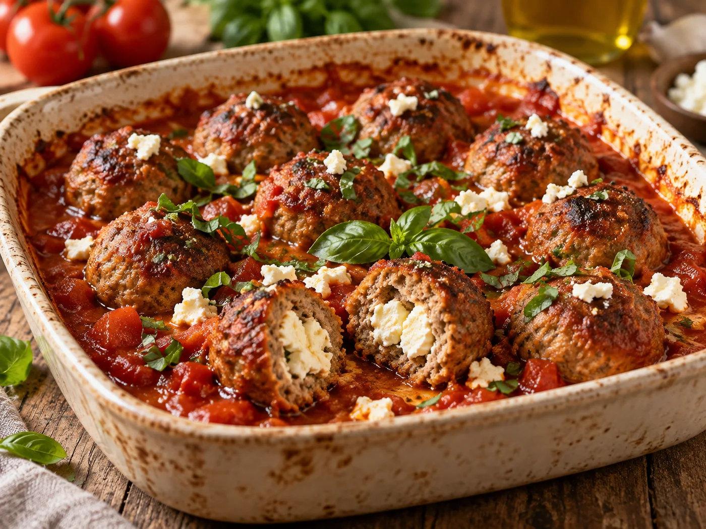 Hackbällchen mit Feta-Füllung in Tomatensauce aus dem Ofen