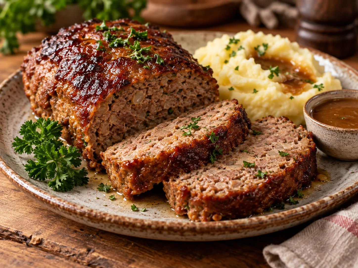 Klassischer Hackbraten aus dem Ofen, angeschnitten