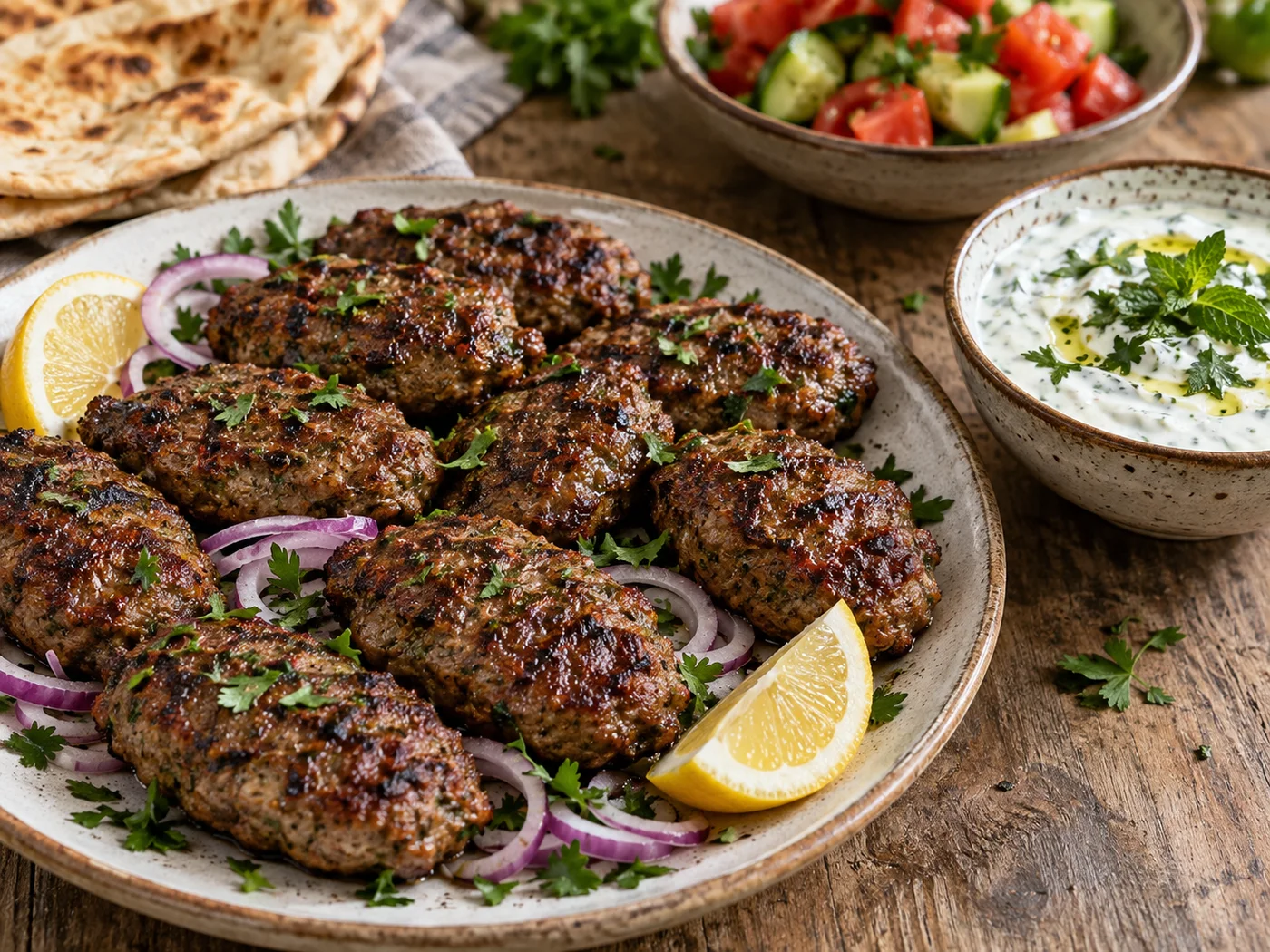 Köfte mit Joghurt-Kräuter-Dip, Petersilie und roten Zwiebeln