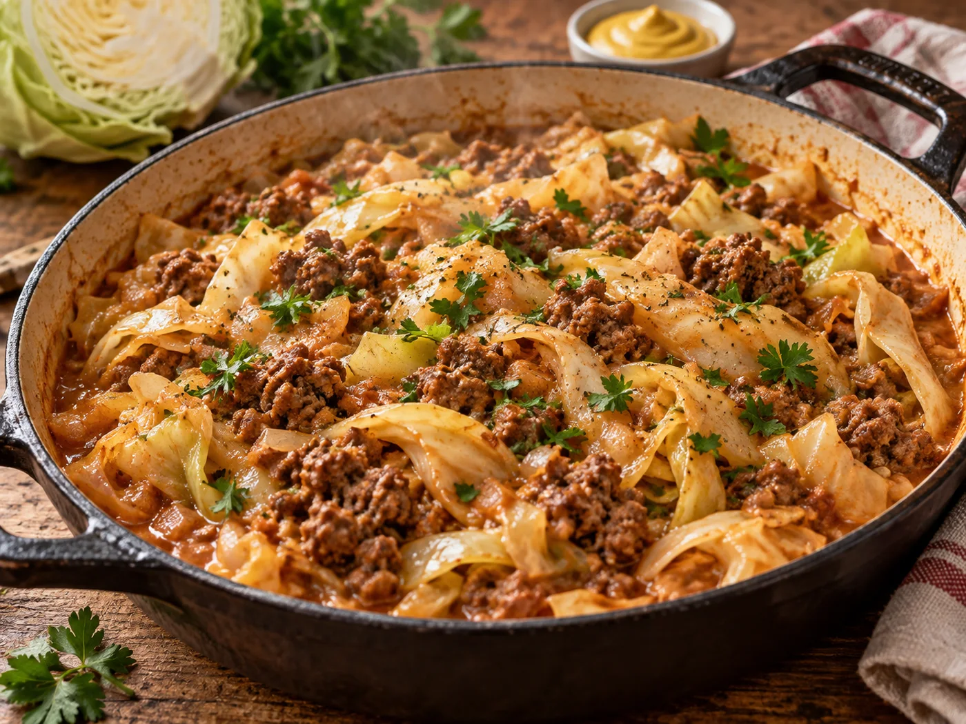 Kohlrouladen-Pfanne mit Hackfleisch, Weißkohl und cremiger Sauce
