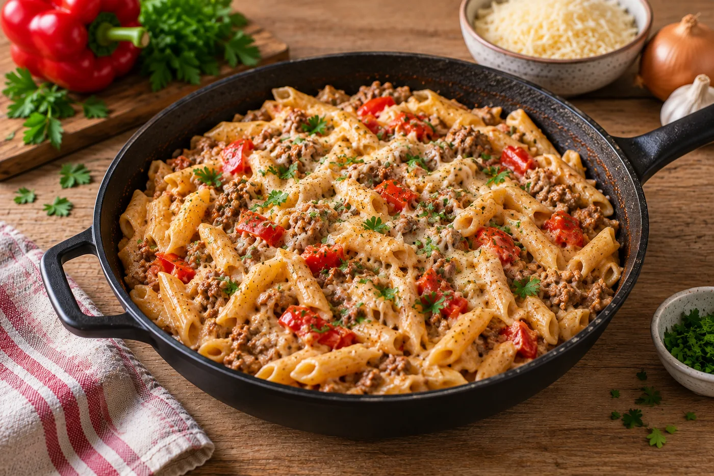One-Pot-Pasta mit Hackfleisch in cremiger Sauce