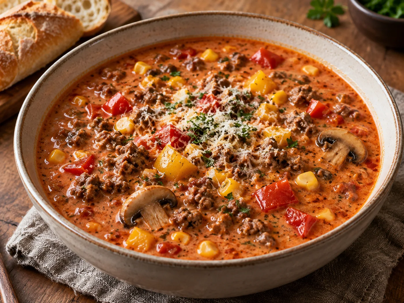 Pizza-Suppe mit Hackfleisch, Paprika und cremiger Tomatensauce