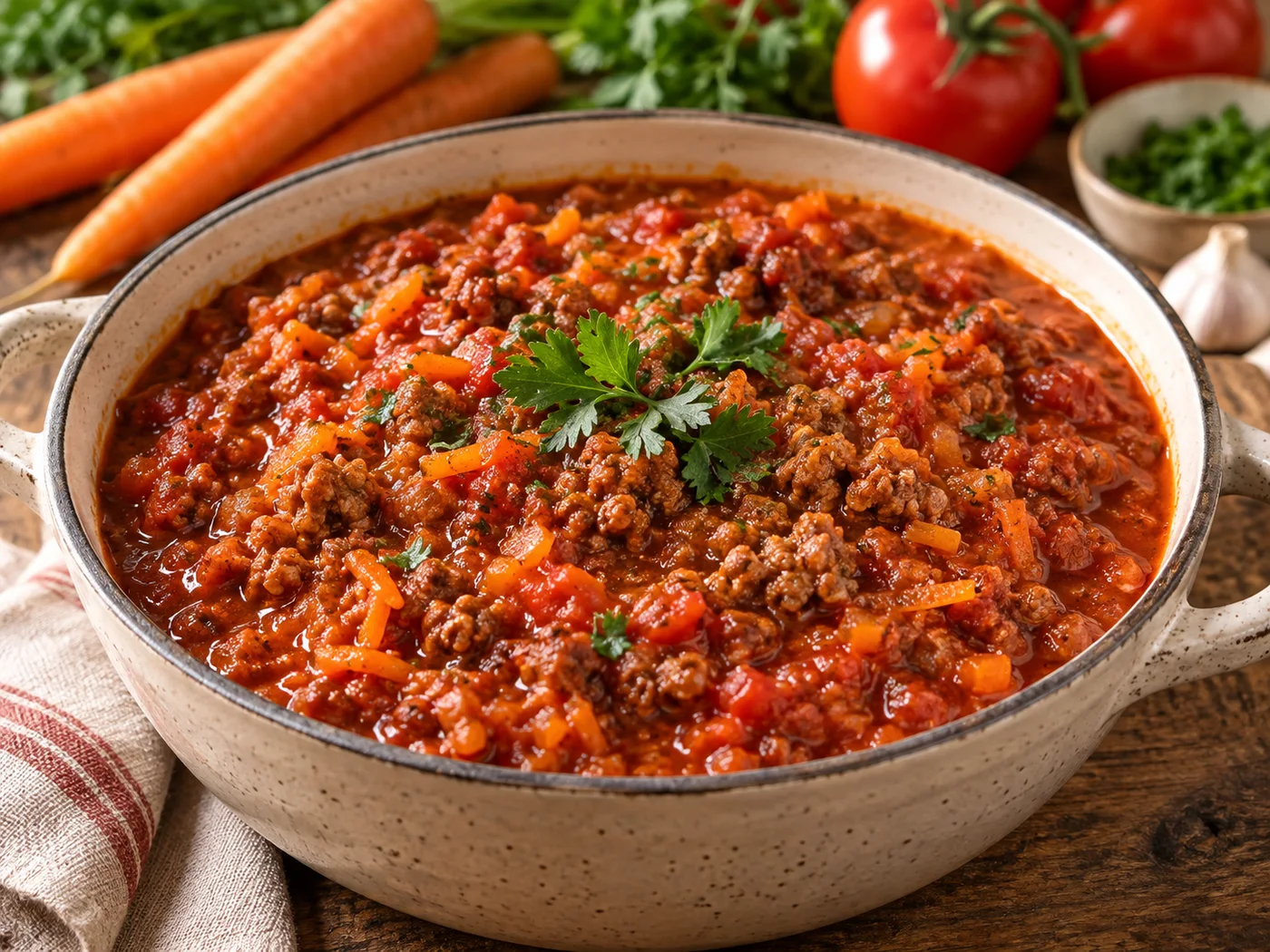Tomaten-Hackfleisch-Sauce mit Möhren und Hackfleisch