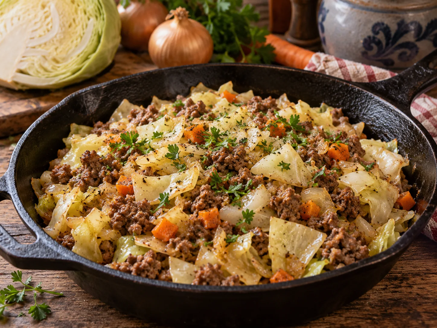 Weißkohl-Hackfleisch-Pfanne mit herzhaft gebratenem Kohl